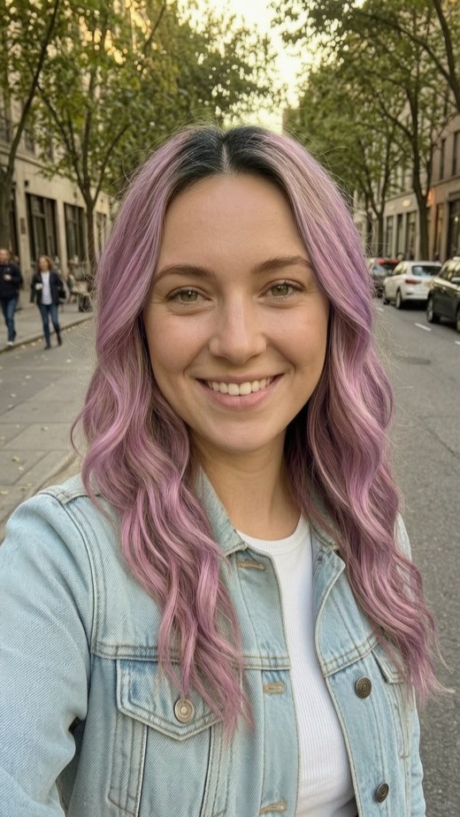 The same woman with pastel lilac hair