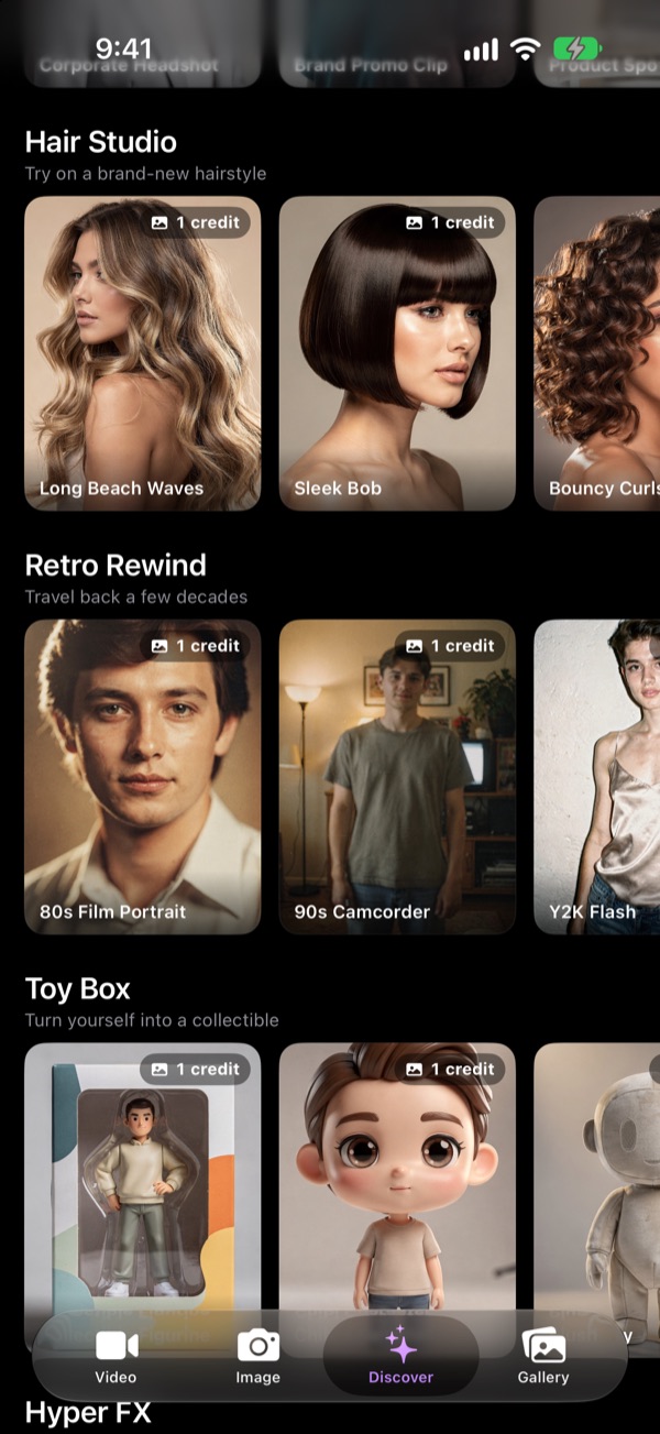 Discover tab with Hair Studio, Retro Rewind and Toy Box styles
